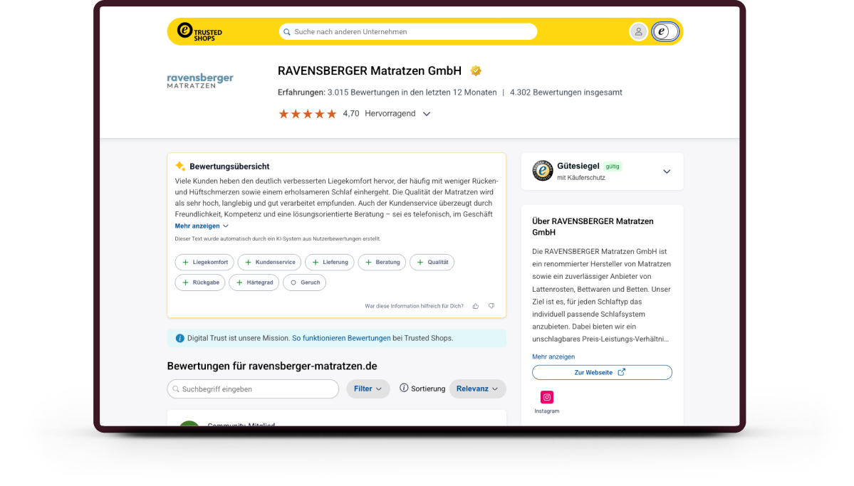 Trusted Shops Bewertungsprofil von Ravensberger Matratzen