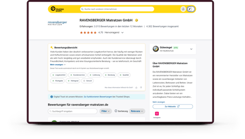 Trusted Shops Bewertungsprofil von Ravensberger Matratzen