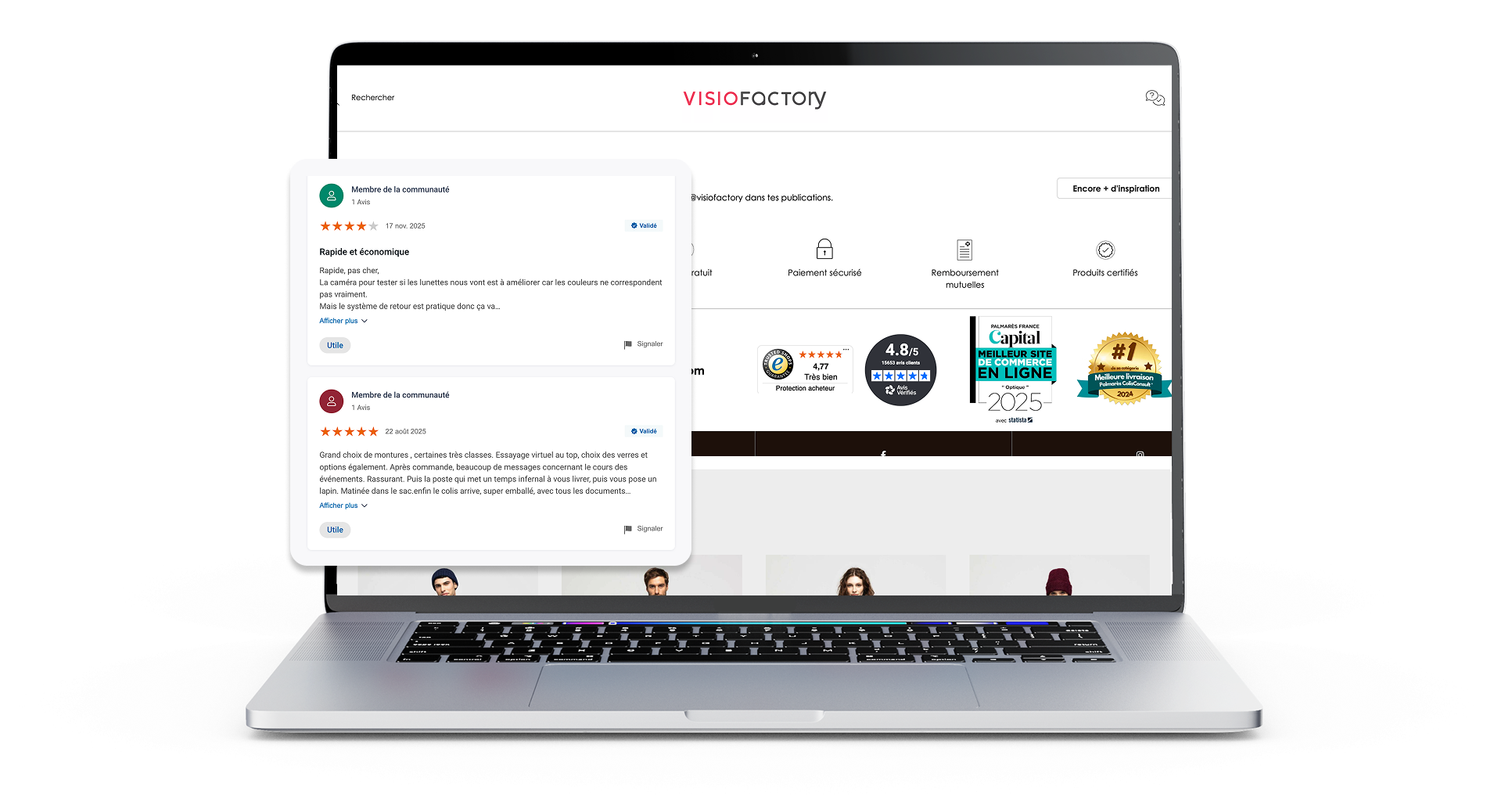 Laptop mit Visiofactory-Onlineshop und eingeblendeten Kundenbewertungen – Symbol für Social Proof, Vertrauen und positive Einkaufserlebnisse im E-Commerce.