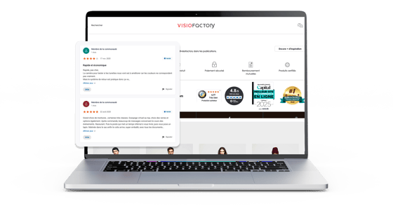 Laptop mit Visiofactory-Onlineshop und eingeblendeten Kundenbewertungen – Symbol für Social Proof, Vertrauen und positive Einkaufserlebnisse im E-Commerce.
