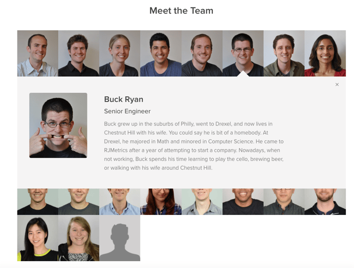 Die Seite "Meet the Team" von RJMetrics mit Bildern und Beschreibungen von Mitarbeitern.