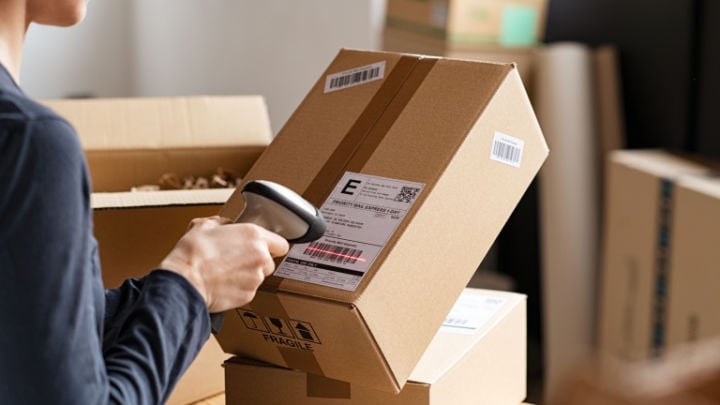 Eine Person scannt und verpackt Pakete in einem Online-Shop.