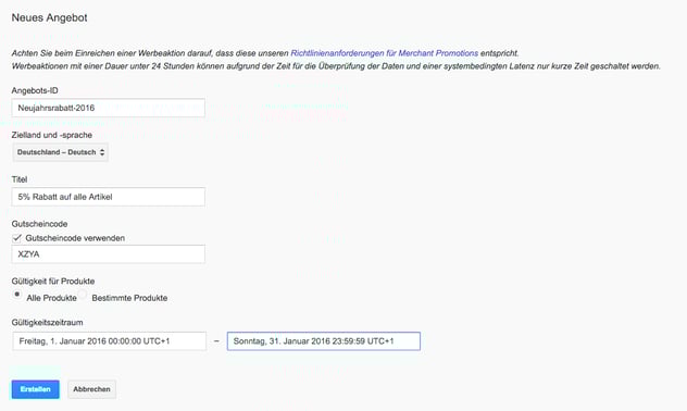 Neue Merchant Promotion einstellen Neue Merchant Promotion einstellen