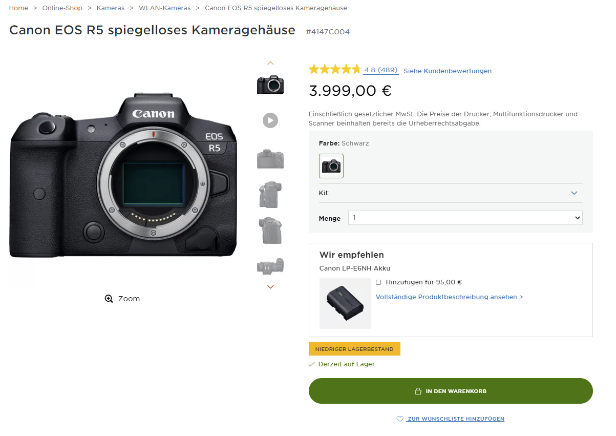 Screenshot Canon-Shop: Cross-Selling-Beispiel Canon Spiegelreflex-Kamera.