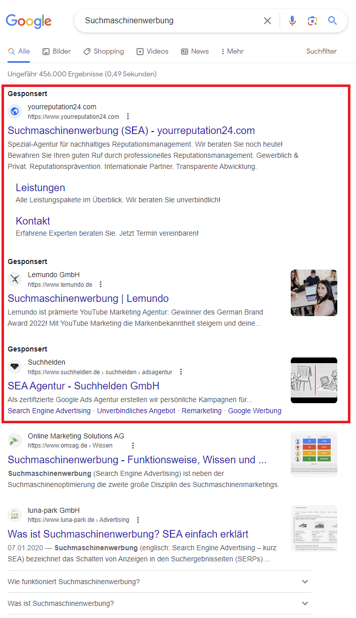 Screenshot Google-Suchergebnisse: Google-Ads-Anzeigen zum Keyword: Suchmaschinenwerbung