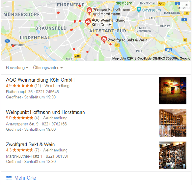 Google Maps Suchanfrage zu Wein in Köln