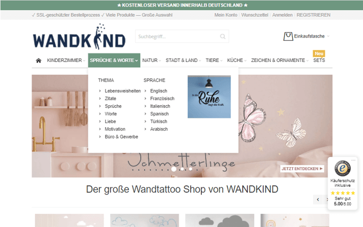 Screenshot: Wandkind Online-Shop