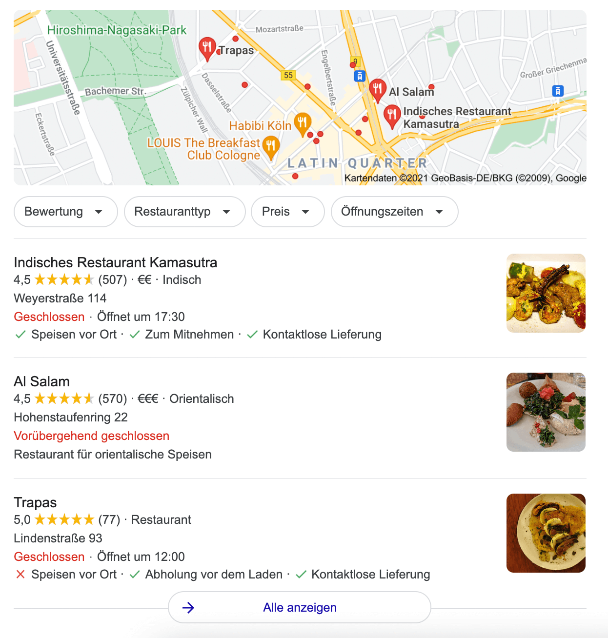 restaurant suchanfrage screenshot