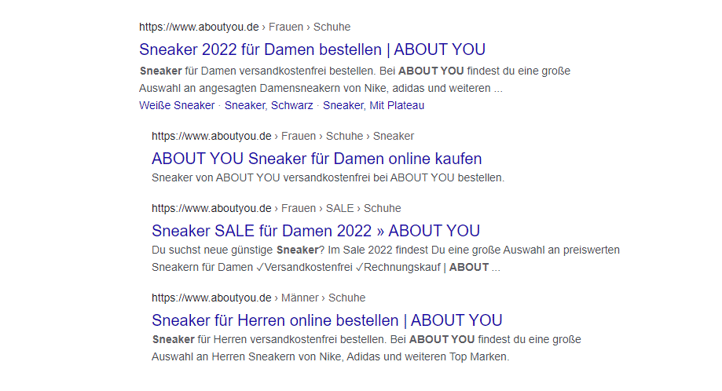 Screenshot: Google-Suchergebnisse zur Keyword-Kannibalisierung am Beispiel von About You.