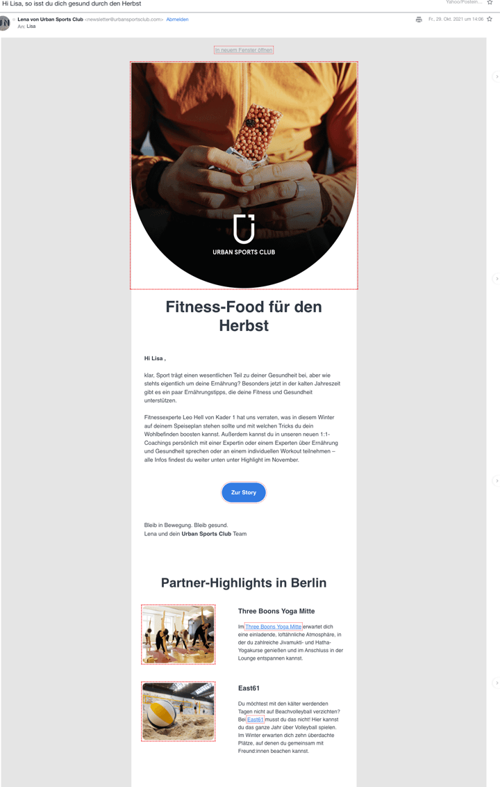 Screenshot: Mailing-Kampagne des Urban Sports Club zum Thema Fitness-Food für den Herbst.