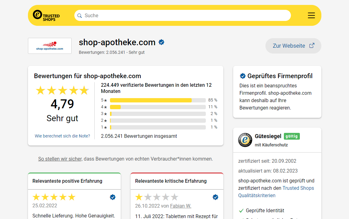 Screenshot: Trusted Shops Shop-Profil von Shop-Apotheke.com