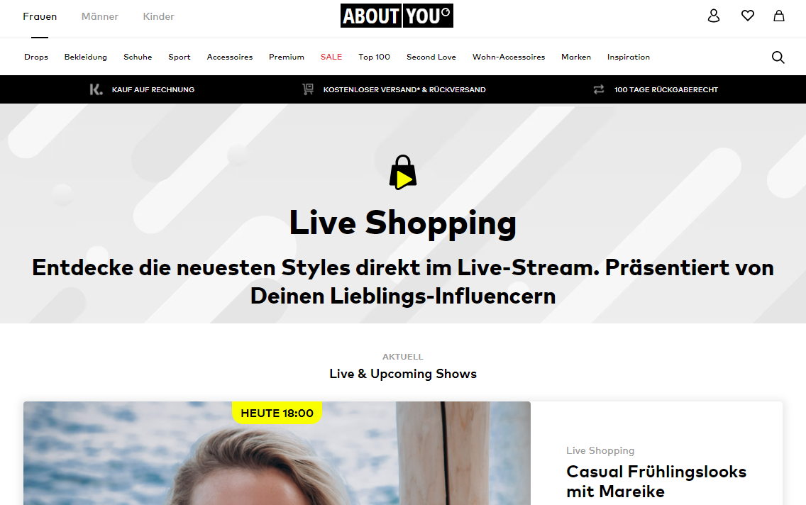 Screenshot About You: Live-Shopping-Event auf der Webseite.