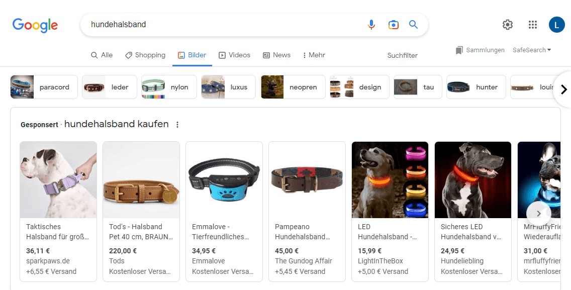 Screenshot: Google Bildersuche gesponserte Suchergebnisse