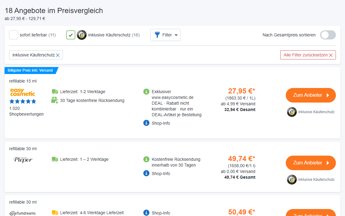Screenshot: Preisvergleichsportal billiger.de. Hier haben Nutzer*innen die Möglichkeit nach Gütesiegel zu filtern.