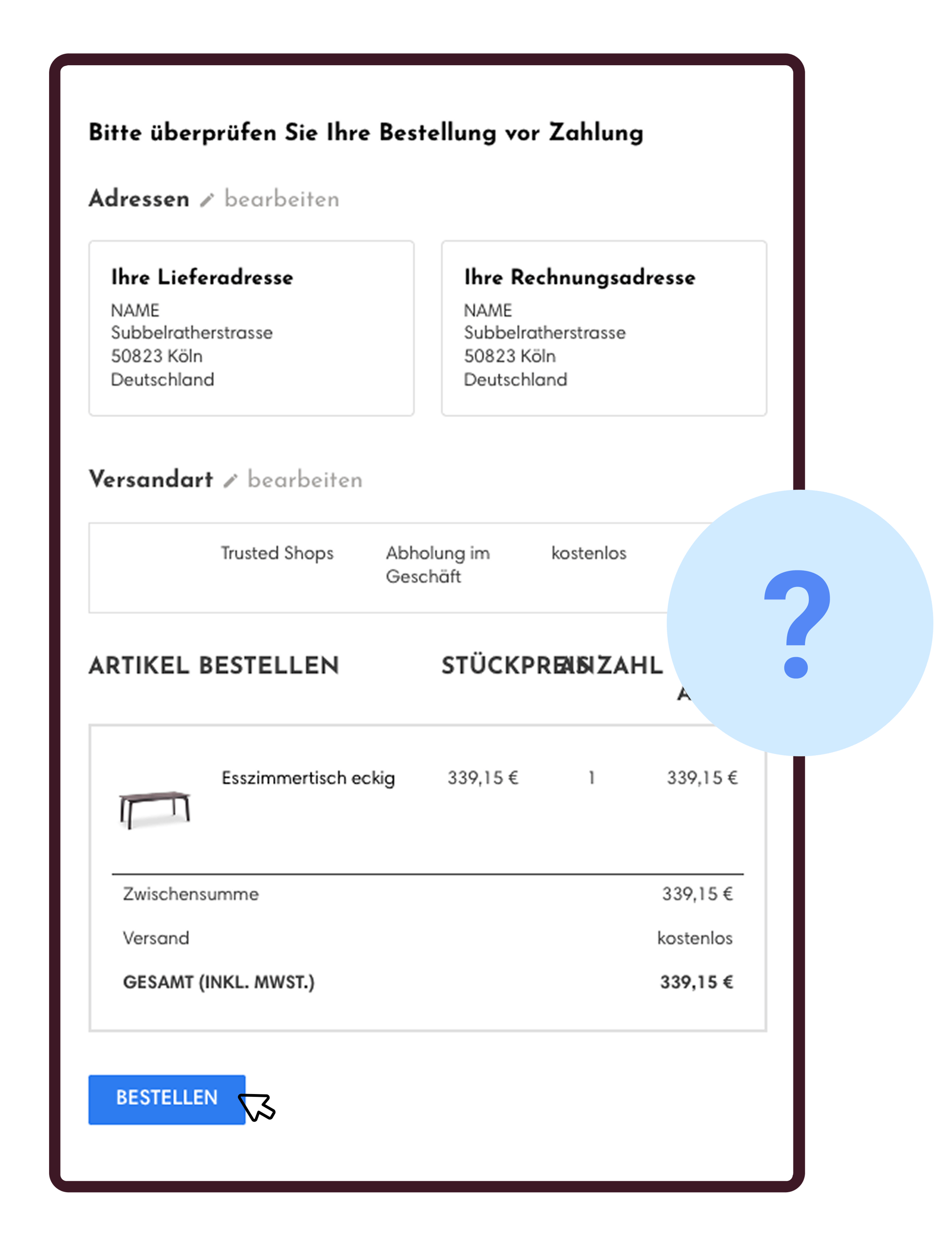 Checkout-Seite eines Online-Shops mit Fragezeichen als Symbol für Kaufunsicherheit vor dem Bestellabschluss.