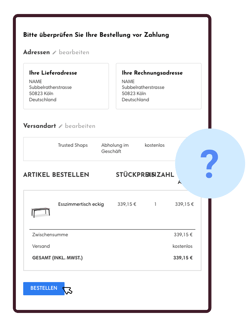 Checkout-Seite eines Online-Shops mit Fragezeichen als Symbol für Kaufunsicherheit vor dem Bestellabschluss.