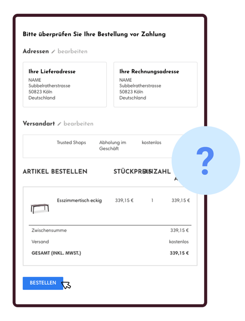 Checkout-Seite eines Online-Shops mit Fragezeichen als Symbol für Kaufunsicherheit vor dem Bestellabschluss.
