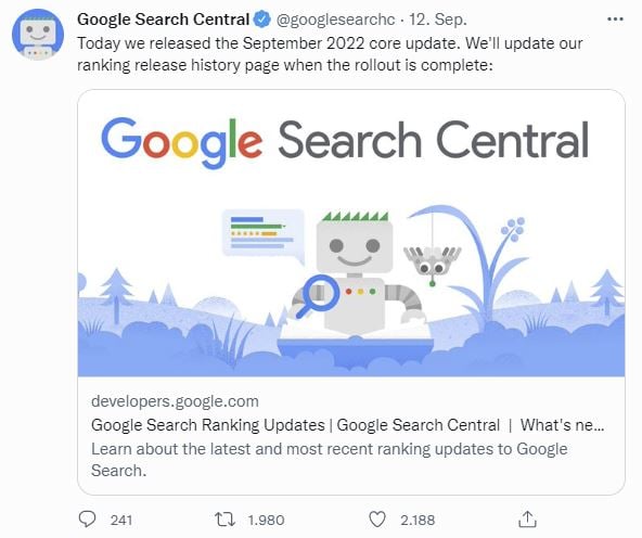 Twitter: Ankündigung Google Core Update für September 2022