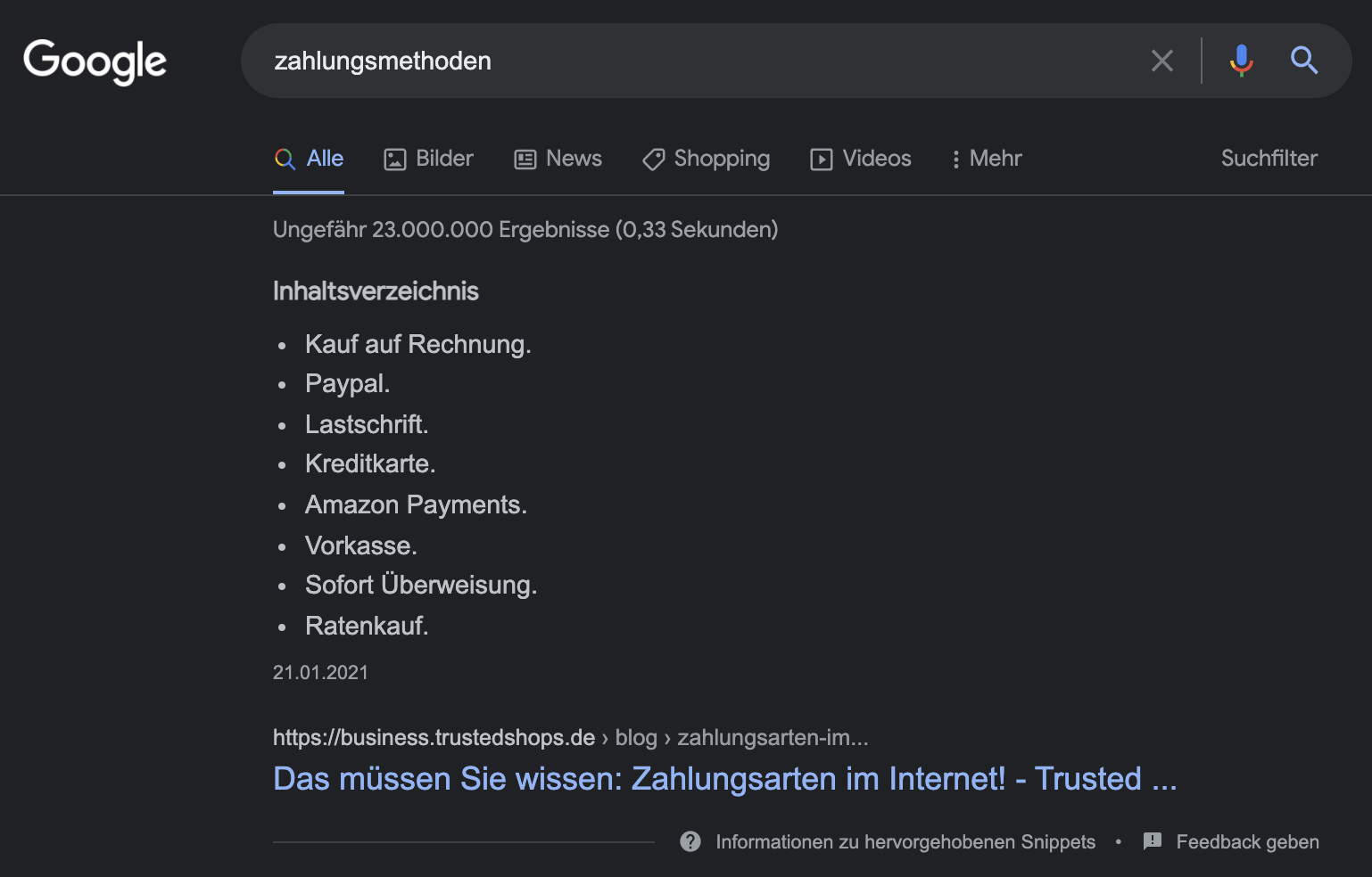 screenshot featured snippet zahlungsmethoden