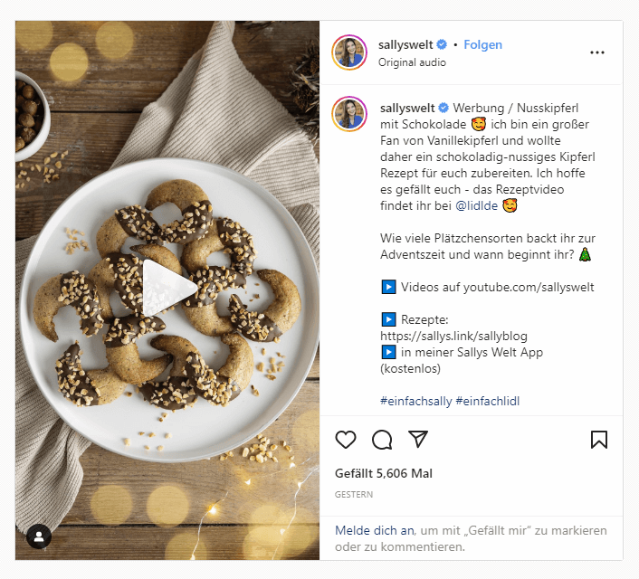 Sallyswelt-Instagram-Account postet eine Rezeptidee für Nusskipferl mit Schokolade..