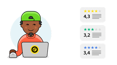 Illustration eines Mitarbeiters am Laptop mit verschiedenen Bewertungsprofilen und Sternebewertungen auf mehreren Plattformen – Symbol für Reputationsmanagement und Bewertungsoptimierung im E-Commerce.