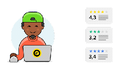 Illustration eines Mitarbeiters am Laptop mit verschiedenen Bewertungsprofilen und Sternebewertungen auf mehreren Plattformen – Symbol für Reputationsmanagement und Bewertungsoptimierung im E-Commerce.