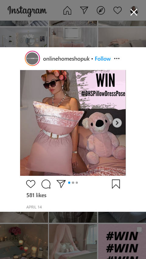 Ein Screenshpt eines Beitags des Unternehmen OnlineHomeShopUk ist zu sehen, wobei ein Foto eine junge Frau zeigt, die ein Kissen als Kleidungsstück trägt.