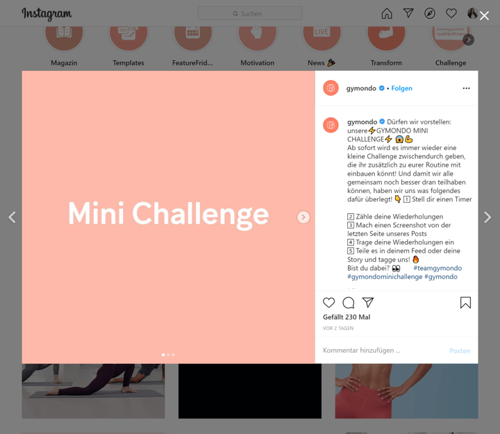 Ein Beitrag von Gymondo auf Instagram ist zu sehen, bei dem das Unternehmen eine Challenge ankündigt.