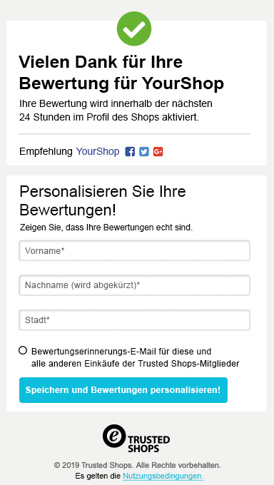 Grafik: Trusted Shops Danke-Seite auf einem Smartphone-Bildschirm.