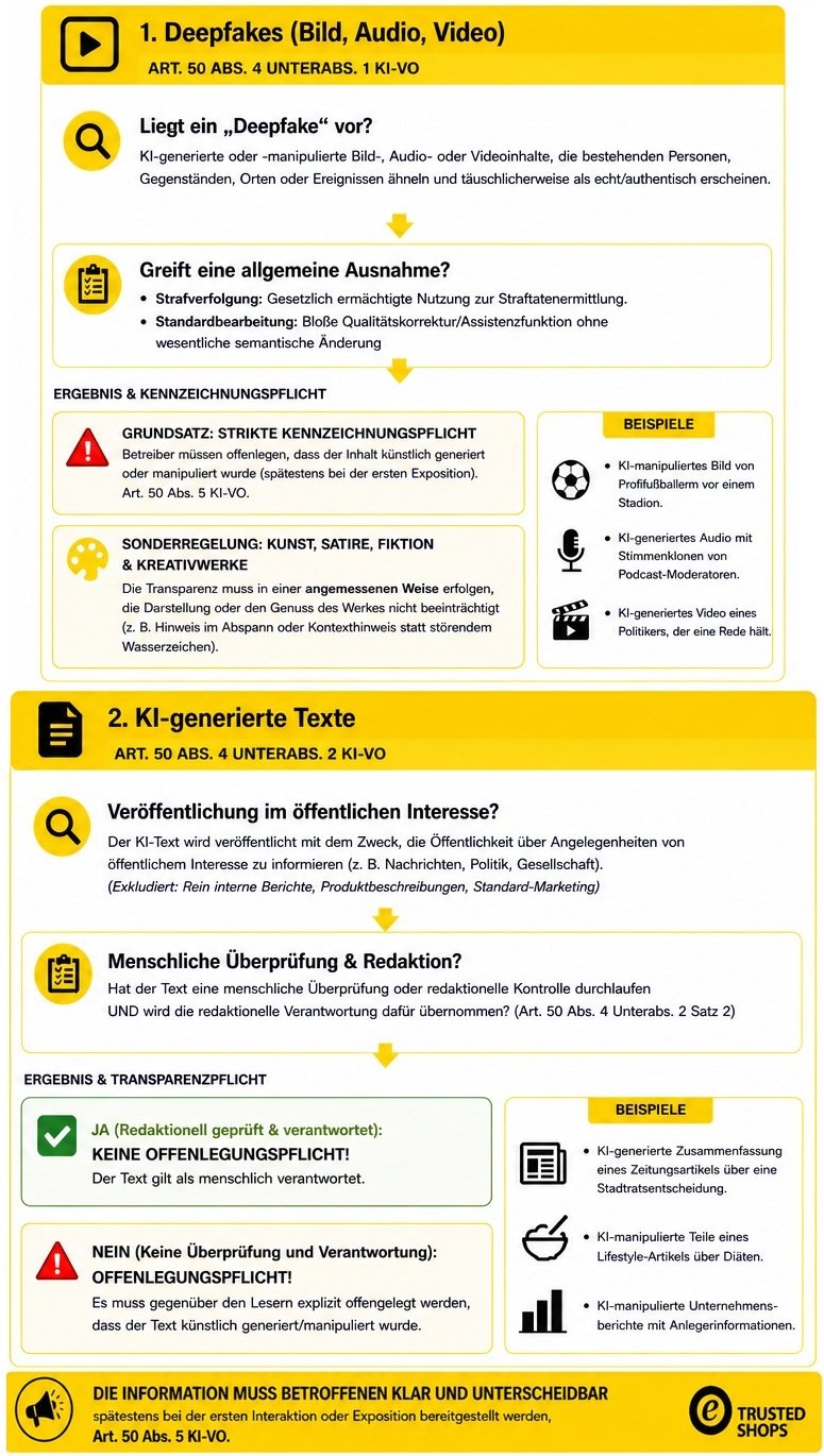 Infografik über die Kennzeichnungspflicht nach der EU-KI-Verordnung (Art. 50 KI-VO) für Deepfakes und KI-generierte Texte mit Ausnahmen, Transparenzpflichten und Praxisbeispielen.