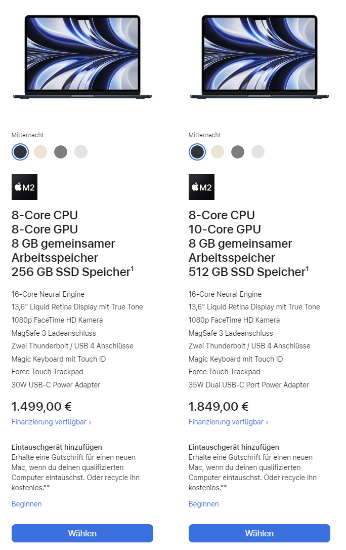Screenshot Apple-Shop: Up-Selling-Beispiel Mac Book Air.