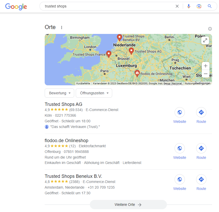 Screenshot Google Maps: Standorte Trusted Shops