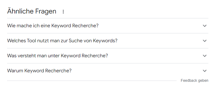 Screenshot Google-Suchergebnisse: Ähnliche Fragen zum Thema: Keyword-Recherche.