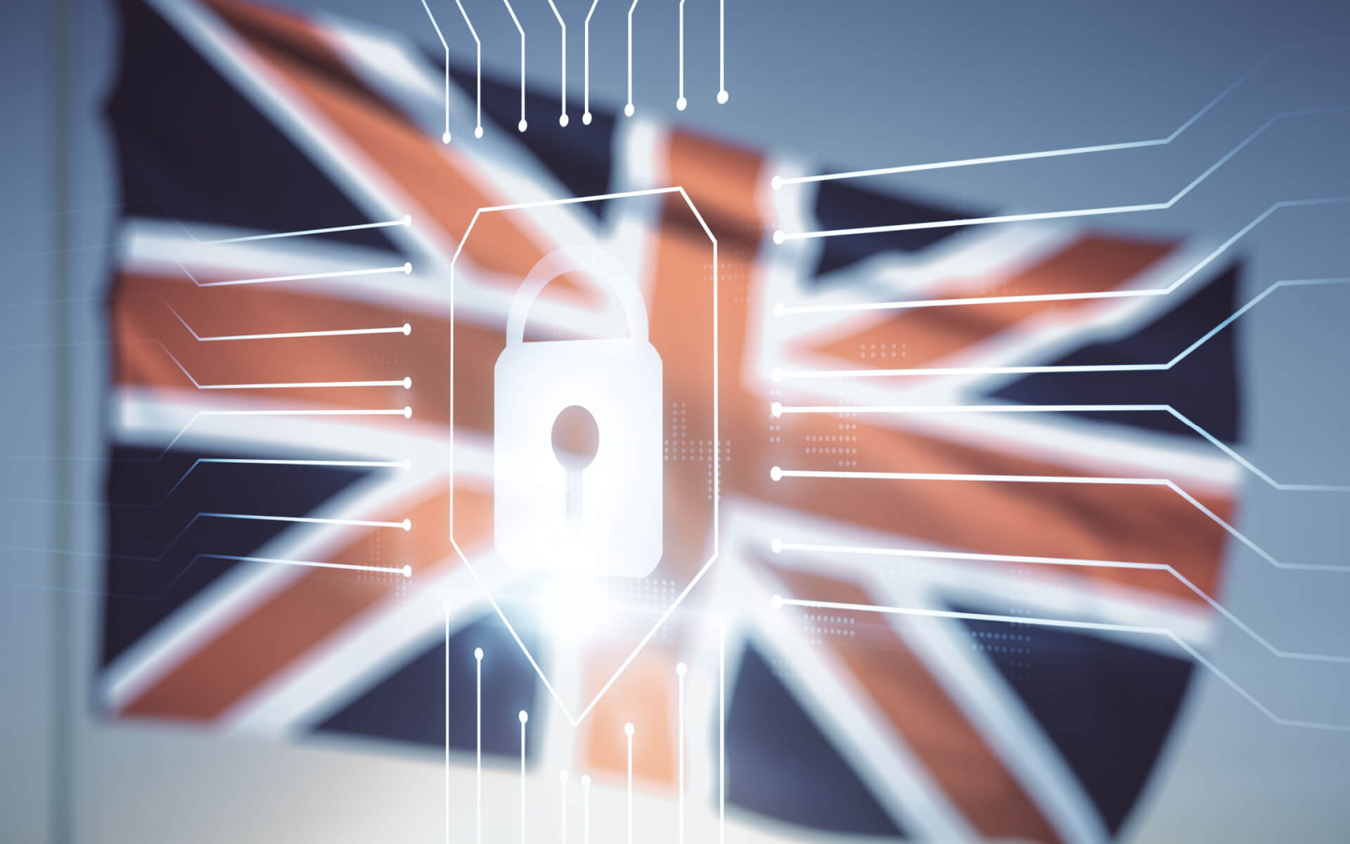 Flagge von Großbritannien mit einem Schloss als Symbol für Datenschutz.