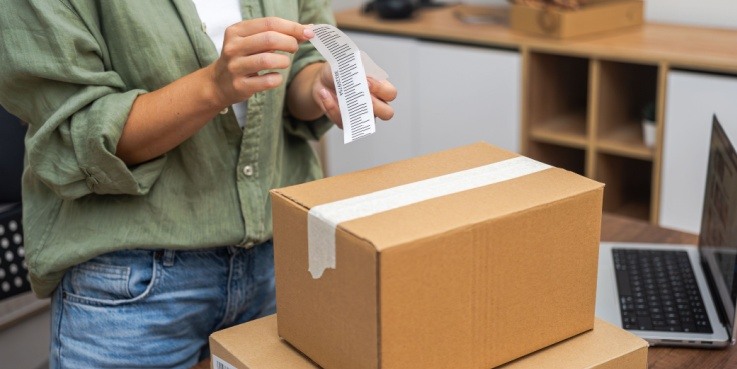 Eine Frau bereitet zuhause ein Paket zur Rücksendung vor.