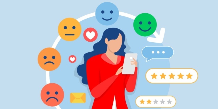 Eine Frau am Smartphone ist von Emojis in unterschiedlichen Farben umgeben.