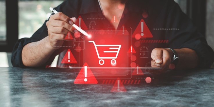 Warnschilder umgeben einen Einkaufswagen