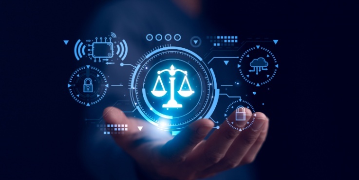 Eine Cyber-Waage symbolisiert das Thema KI und Datenschutz.