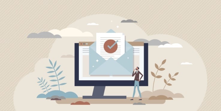 Die Grafik zeigt eine E-Mail auf einem Bildschirm mit einem Haken daran.