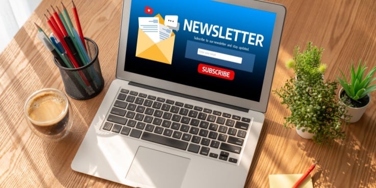 Ein Laptop zeigt eine Newsletter-Anmeldung auf dem Bildschirm.