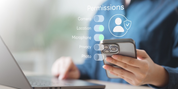 Person nutzt Smartphone neben Laptop, eingeblendete App-Berechtigungen wie Kamera, Standort und Datenschutz symbolisieren App Tracking und Privatsphäre.