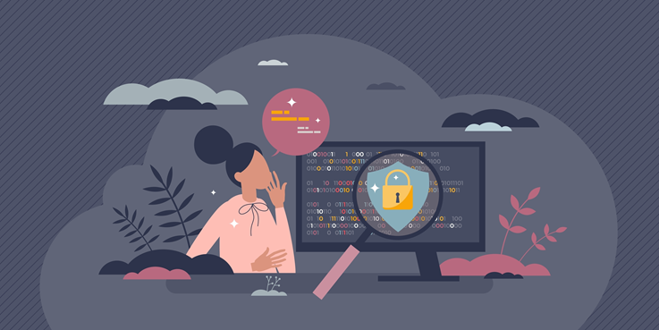 Grafik: Eine Frau absolviert eine Datenschutzschulung am PC.