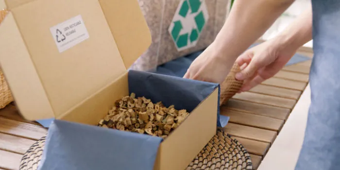 Nachhaltigkeit: Eine Person nutzt recycelbares Verpackungsmaterial für ein Paket.
