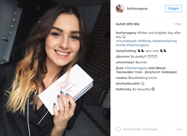 Screenshot vom InstagramProfil der Influencerin Fashionagony und einem Zahnwhitening Kit